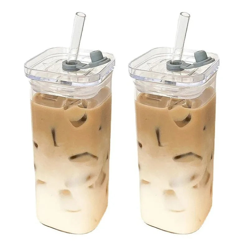 Square Glass Tumbler with Lid & Straw – Heat Resistant Coffee & Juice Cup