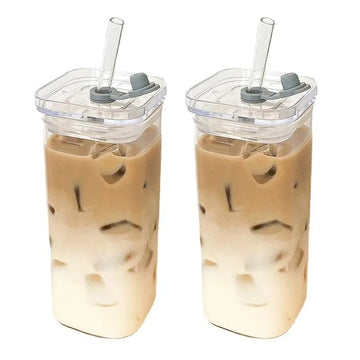 Square Glass Tumbler with Lid & Straw – Heat Resistant Coffee & Juice Cup
