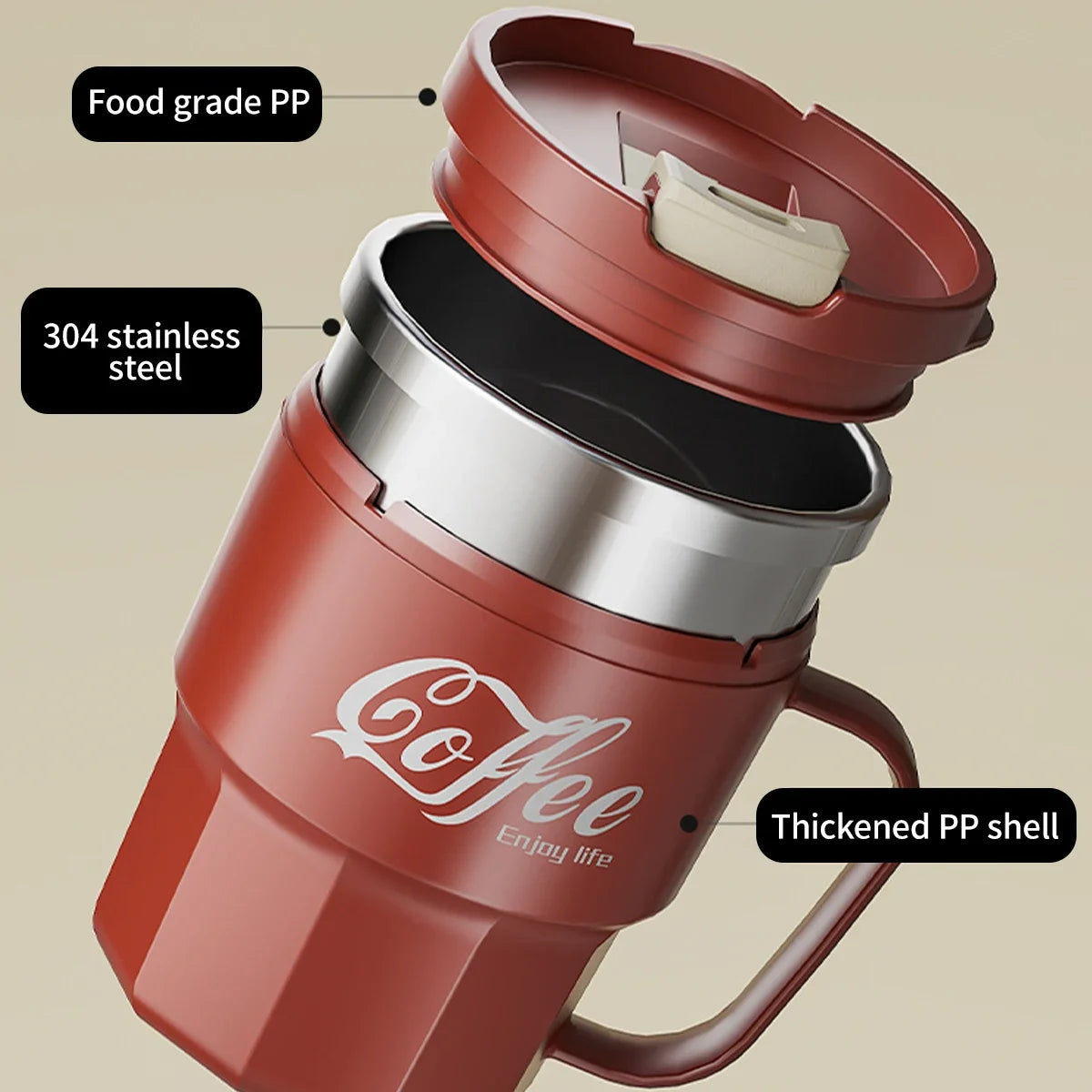 WORTHBUY Stainless Steel Tumbler – 400/480ml Insulated Coffee Mug with Lid & Handle