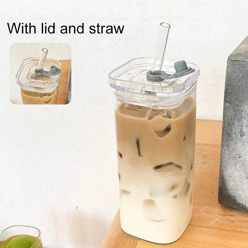 Square Glass Tumbler with Lid & Straw – Heat Resistant Coffee & Juice Cup