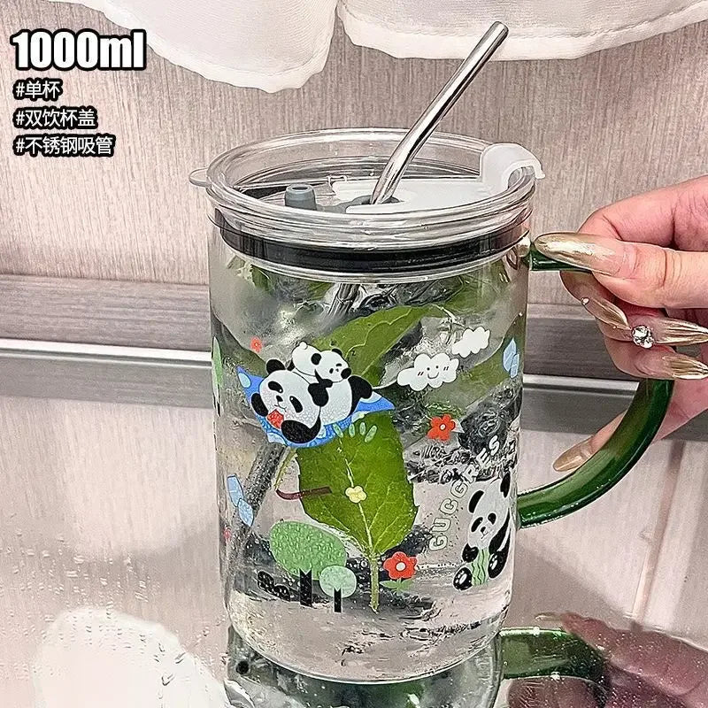 1L Glass Tumbler with Lid & Straw – Large Capacity Drinkware Mug