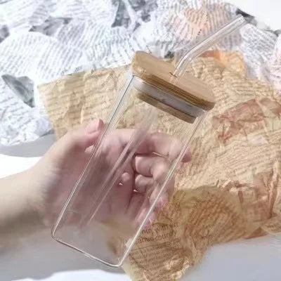 Square Glass Tumbler with Lid & Straw – Heat Resistant Coffee & Juice Cup