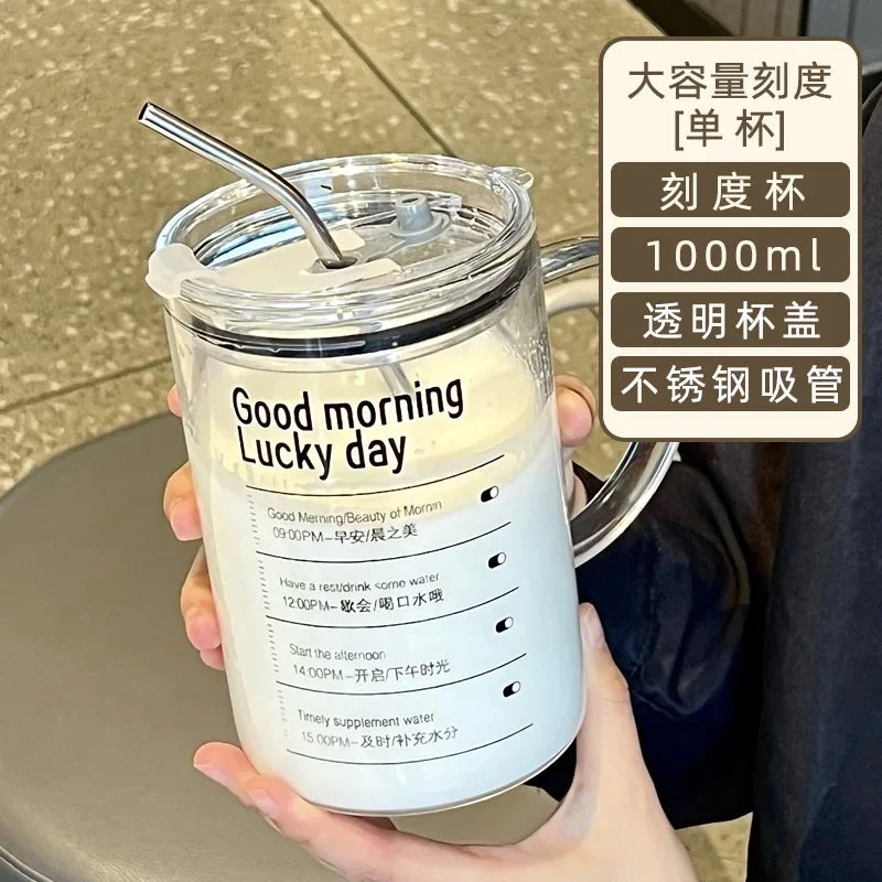 1L Glass Tumbler with Lid & Straw – Large Capacity Drinkware Mug